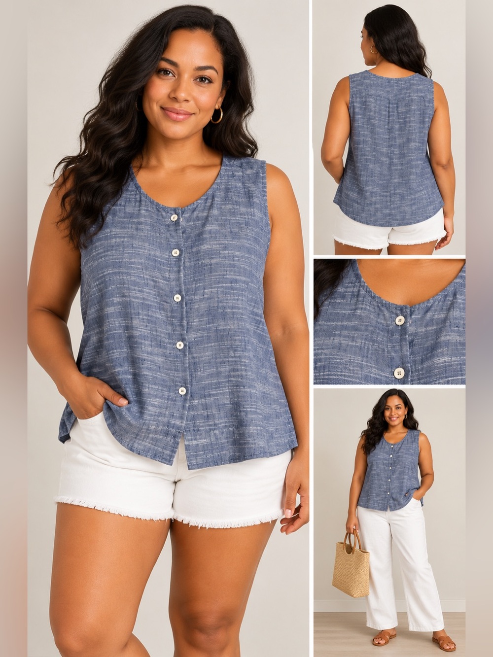 Joie Size XL Blue Linen Blend Sleeveless Button Front Blouse Chambray Look